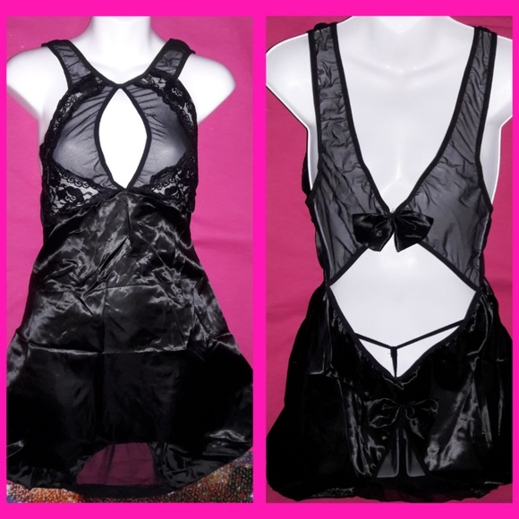 Black Satin Lace Halter Babydoll Chemise Panty Set - Picture 3 of 7